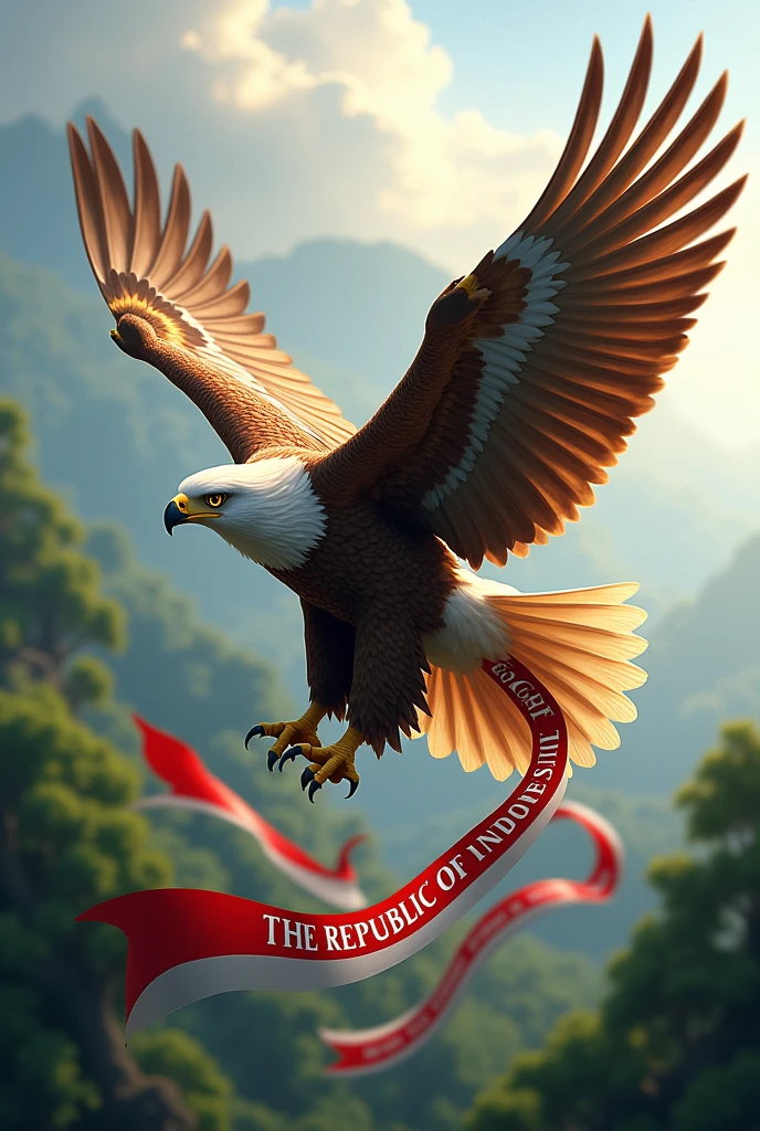 Eagle. flap its wings. a red and white ribbon sash that says the Republic of Indonesia