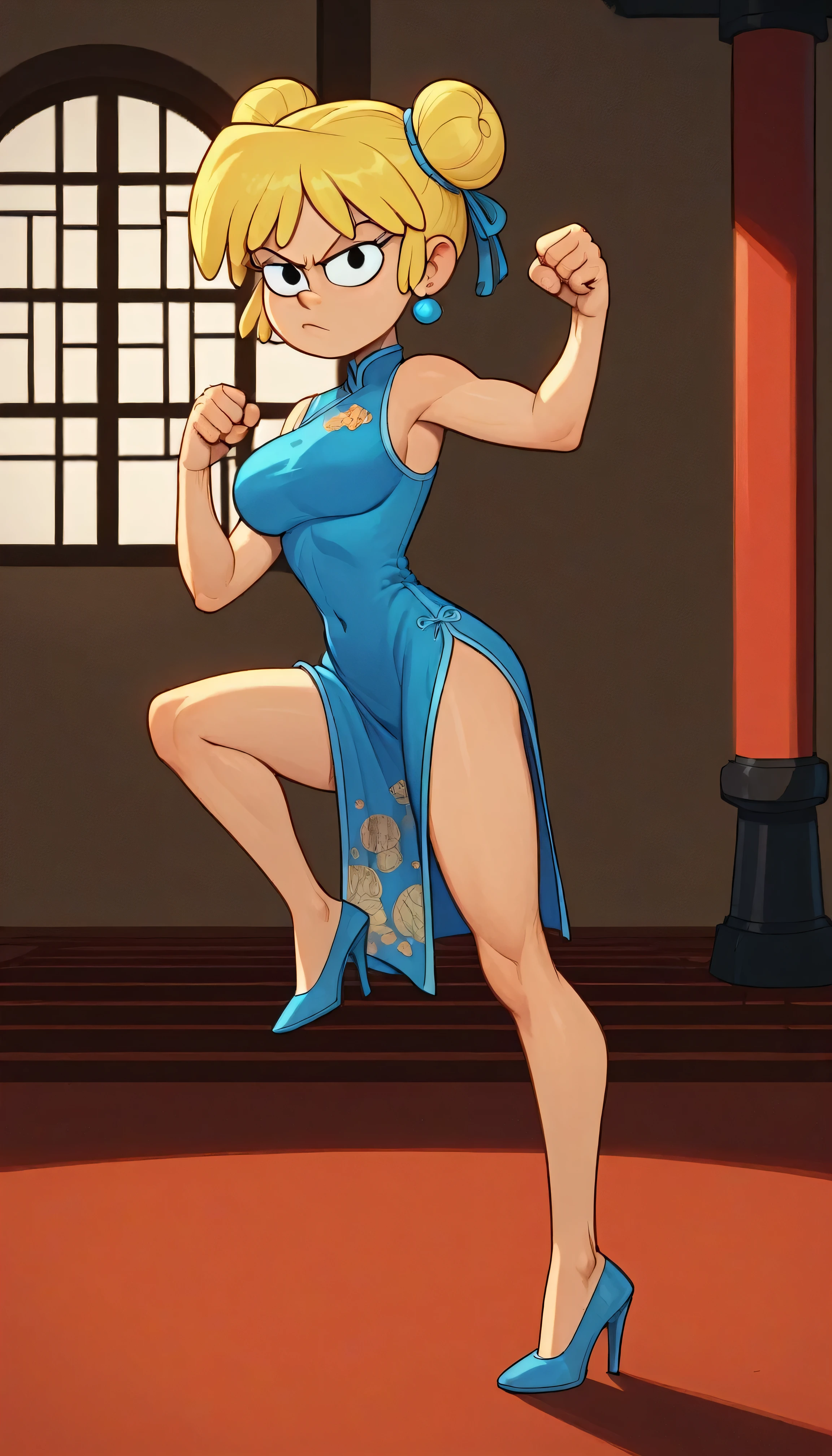 lori loud, 1girl, solo, 24yo girl, blue cheongsam,  inside of a chinese style temple, large breasts, looking at viewer, blonde hair, short hair, two hair buns , hands  score_9, score_8_up, score_7_up, high heels,teep fighting stance,martial arts