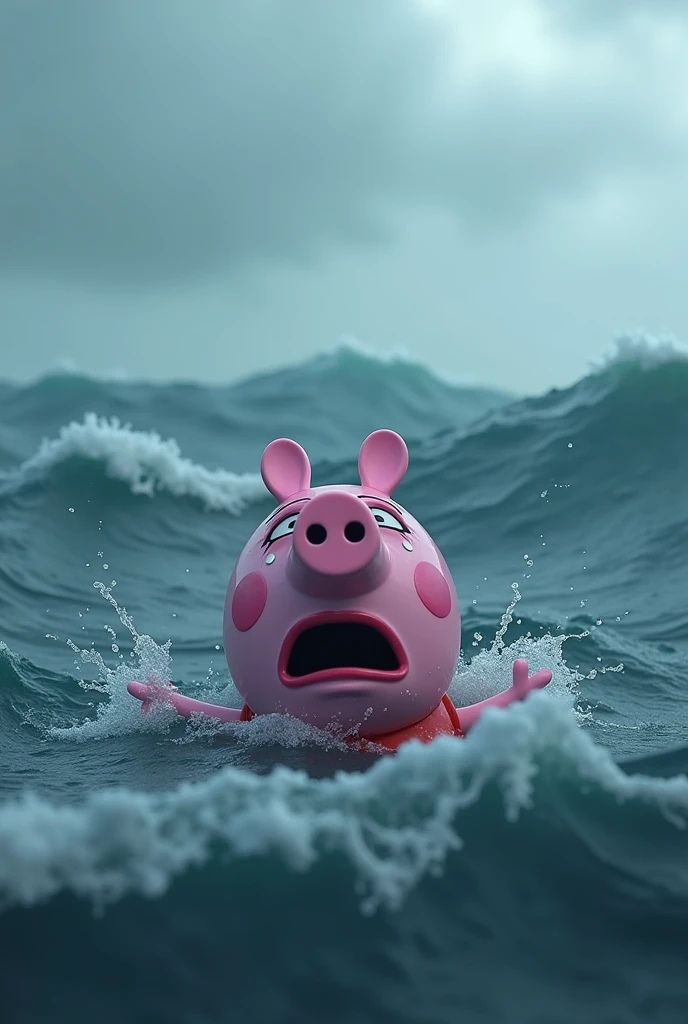 Peppa pig swimming and crying in the sea