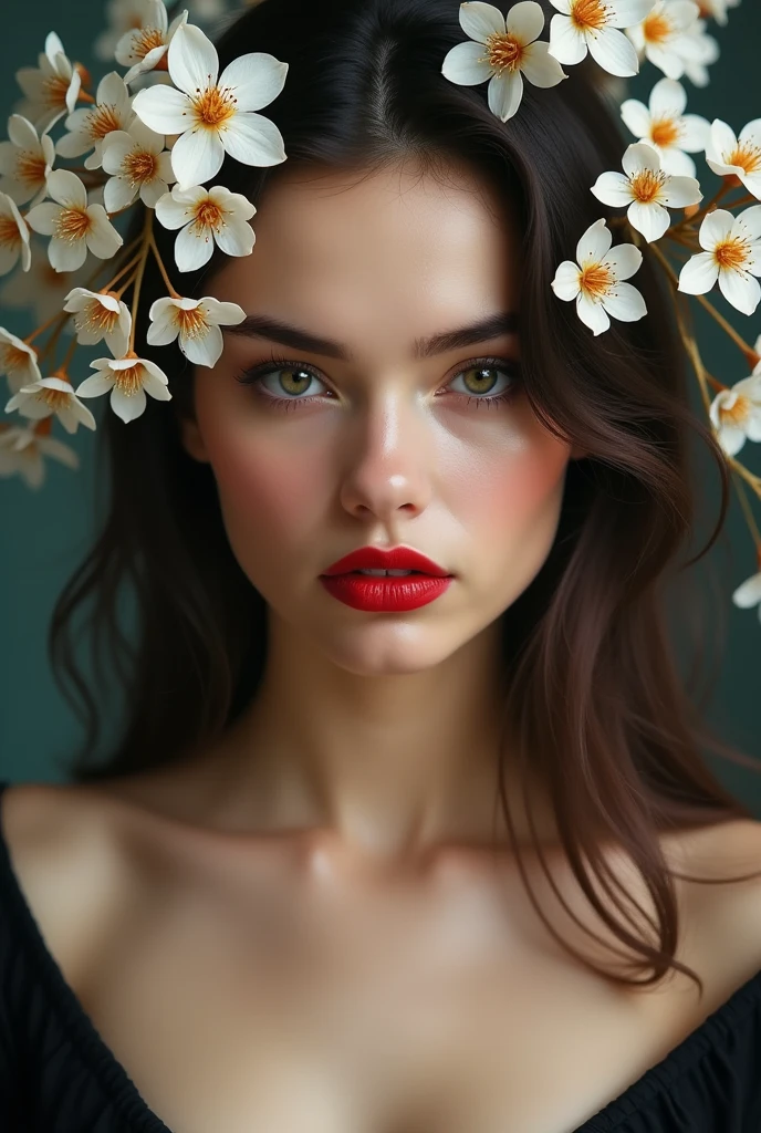A 20-year-old white woman with dark, lively eyes and a red, smiling mouth, somewhat haughty and disdainful, with white orange blossom flowers on her half-naked head.