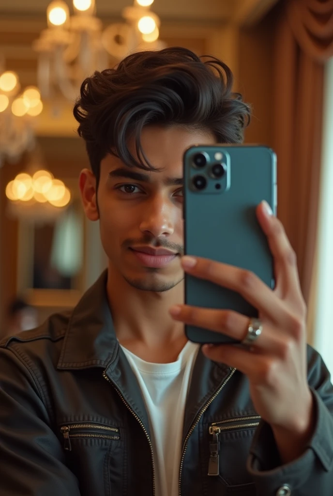 An Indian boy 20 years old boy, mirror selfie pic with face cover with its costly phone which is keeping in his hand. With interior luxurious home background, in aesthetic way