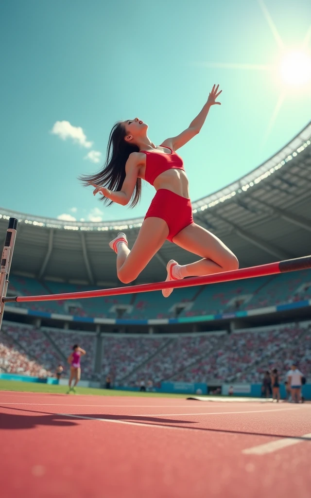 Women's high jump at the Olympics,Red outfit,Back over the bar,Extremely large movements,Difficult moves,full-body shot,Panoramic vistas,Wide-angle lens,1 Korean girl,Fair skin,Charming,Super beautiful,cute,Olympic Games background,The scene was full of enthusiasm,be booked up,It was full of people