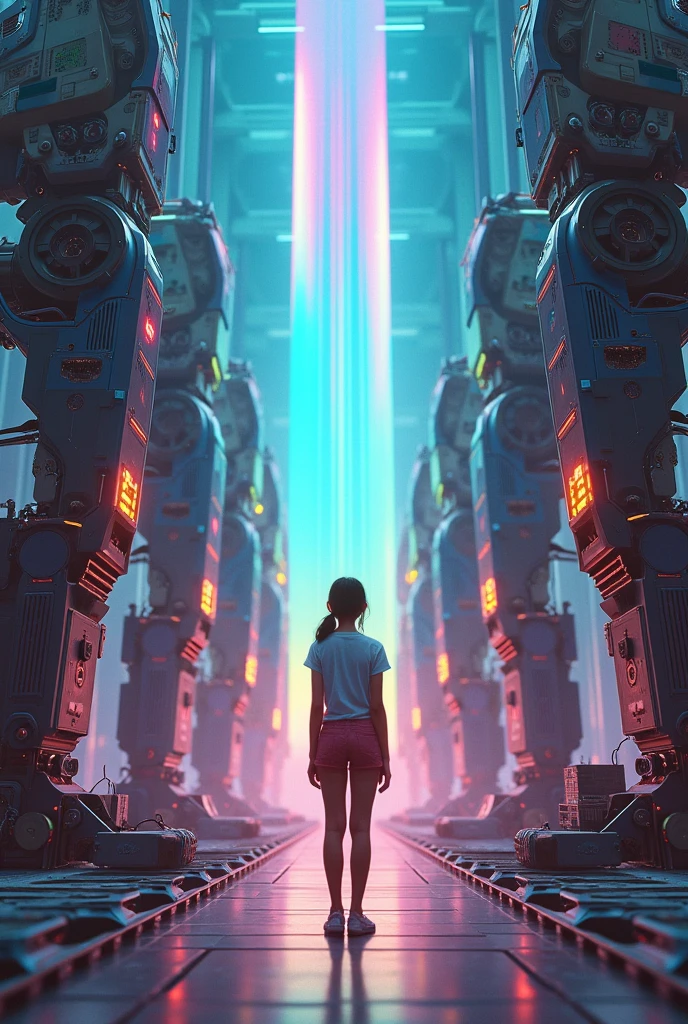 ((masterpiece, Highest quality)),figure,Ultra high definition 8K,Realistic,Sharp focus,Very detailed,Professional Lighting,Colorful details,Rainbow Light BREAK Extreme Long Shot of Factory,Construction of large mechanical robots,Microchip,computer,Shine,Intricate details,Shitmeka,A girl stands in front of an audience,belly button