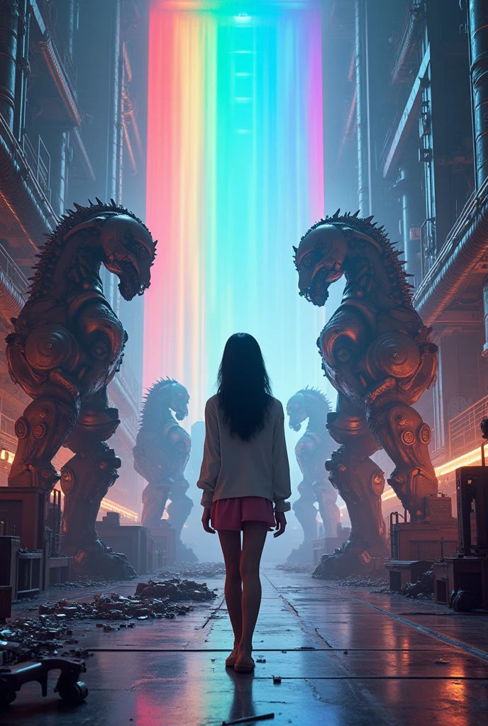 ((masterpiece, Highest quality)),figure,Ultra high definition 8K,Realistic,Sharp focus,Very detailed,Professional Lighting,Colorful details,Rainbow Light BREAK Extreme Long Shot of Factory,Construction of large mechanical robots,Microchip,computer,Shine,Intricate details,Shitmeka,A girl stands in front of an audience,belly button