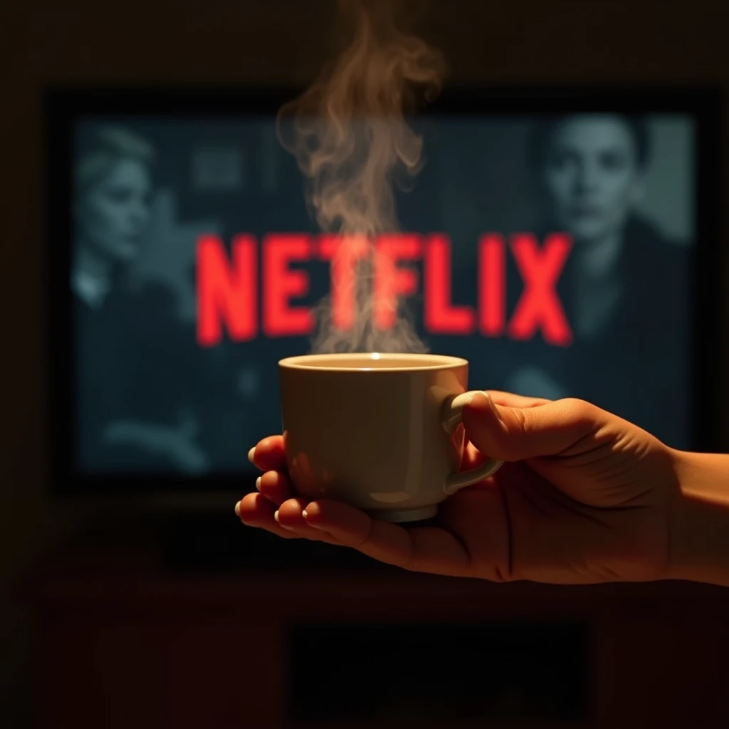 Image of a hand holding a cup of coffee, with a background of a Netflix series screen: