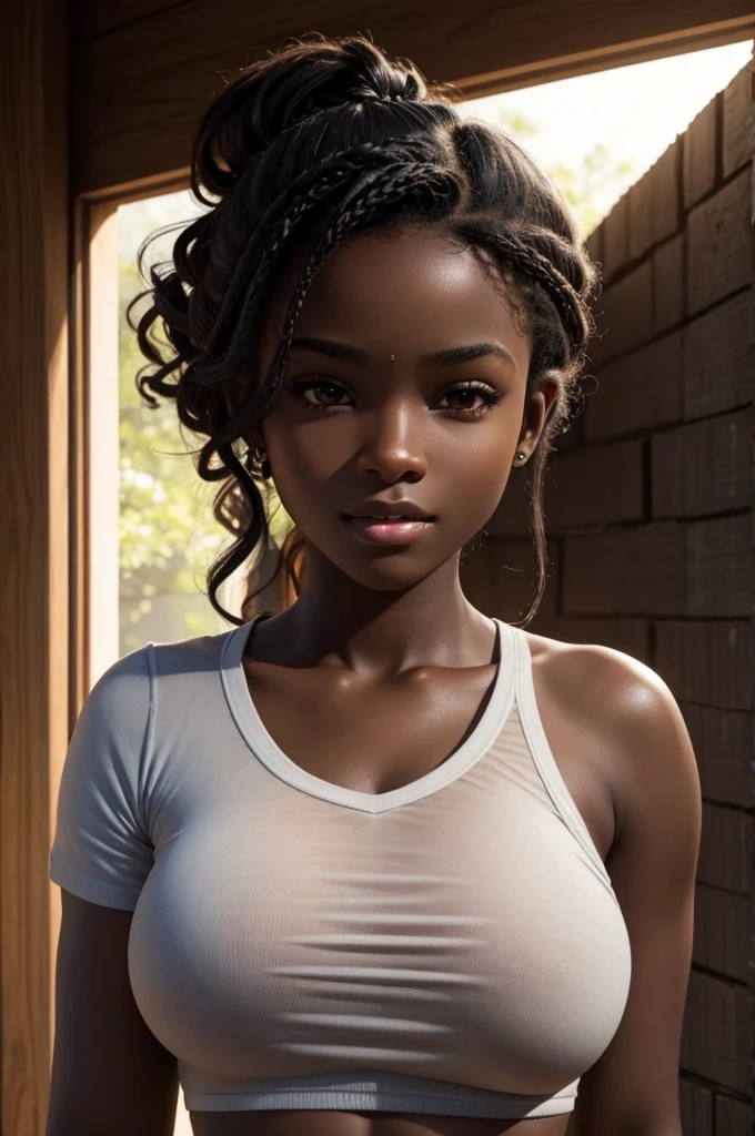 cute hair, chocolate skin, ager, good lighting, ray tracing, beautiful face, deep ebony, showing big breasts, SFW, upper body focus, Irish bright face beauty