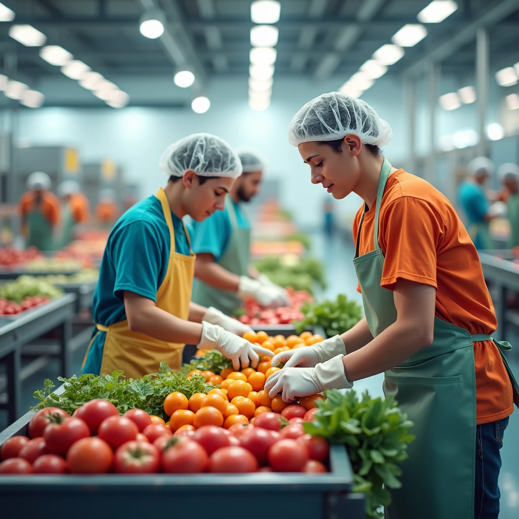 create a collaborator image using gloves, mascaras, shower cap, apron, in a fruit and vegetable processing agroindustry