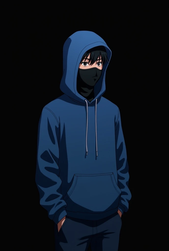 One anime boy 22 years with hoodie of blue colour and black mask full body . With black backgroud