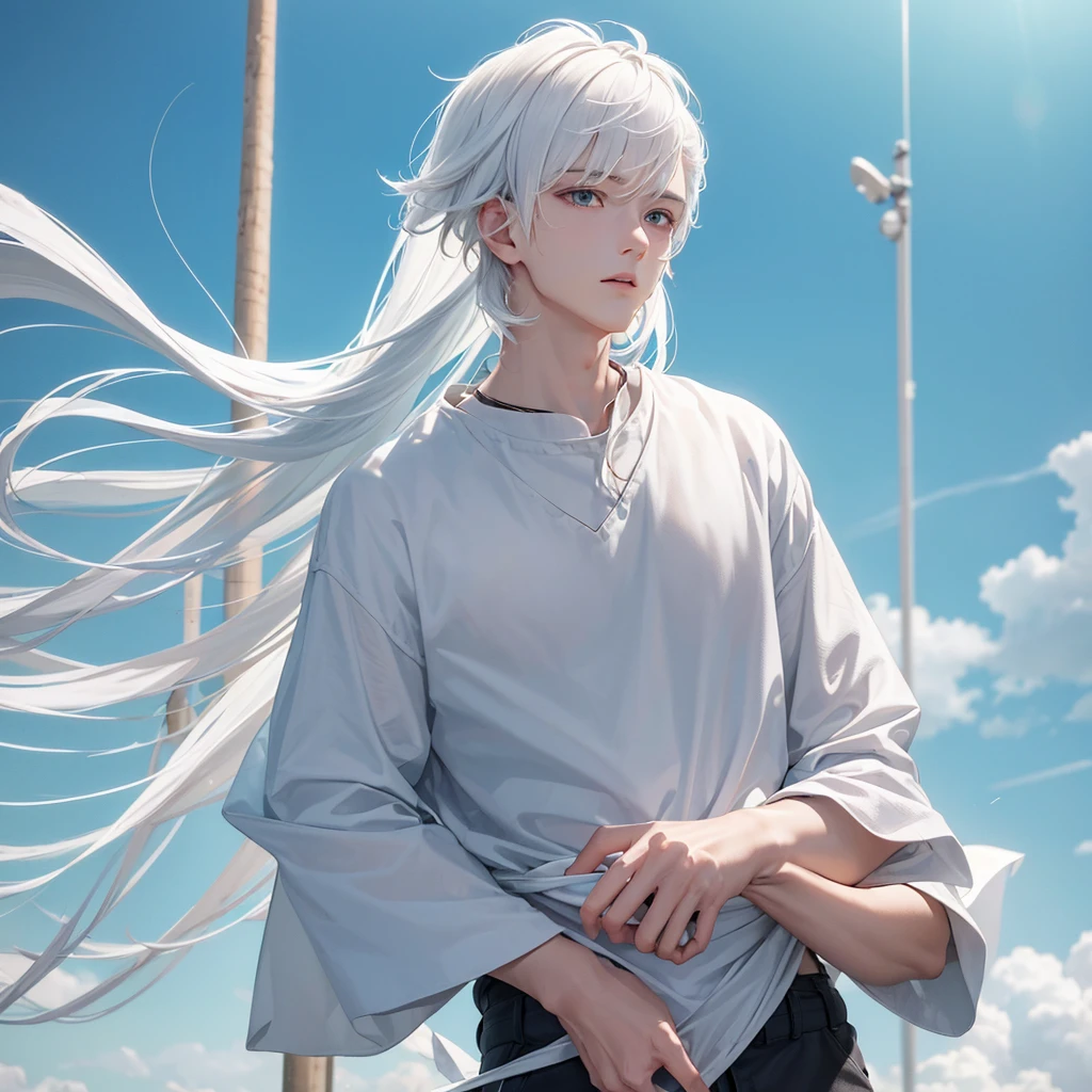 A baby with white hair and the tips of his hair dyed mint