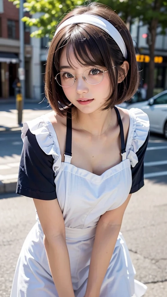 (masterpiece, Best Quality:1.2), 8K, 1 girl, 1 Japanese girl, 85 mm, Official art, Raw photo, Pretty Face, close up, face focus, cute Girl, Cinch waist, beauty thighs, soaking wet, sweat, medium breasts, frilled pink apron on naked, frilled maid hairband, large round glasses, standing, leaning forwards, on a street, Looking at Viewer, No makeup, (aroused, embarrassed, blush :1.2), Film grain, chromatic abberation, Sharp Focus, face lights, clear lighting, Teen, Detailed face, Bokeh background