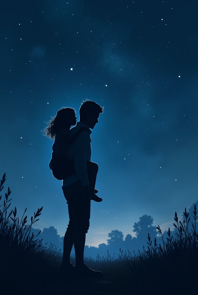 a is piggy back riding her father while they are outside and it's a night time full of stars in the sky. make it a art style like painting and silhouette.