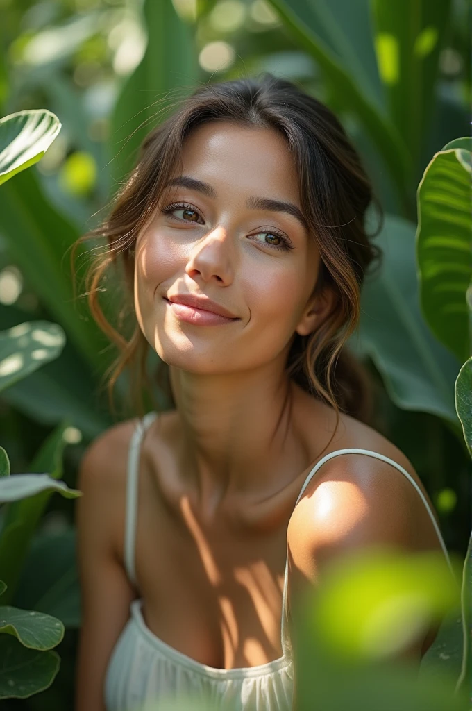 Put this word on a picture:
Take care of your skin and your skin will take care of you.
Use this Image description: A serene woman with glowing skin, surrounded by lush greenery, with the quote