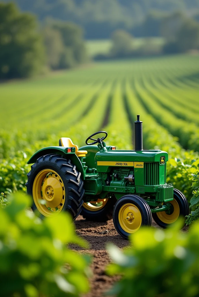 a John Deere tractor and a very beautiful plantation, This tractor will have the John Deere logo and the words Ferro Sul written on it, make it in a soybean plantation Make the image in a computer orientation 