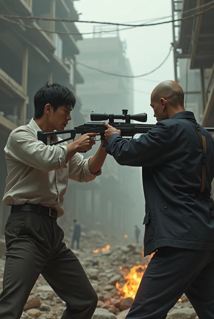 Knife of an armed Japanese man exchanging fire with a teenager at a construction site, They are in a Sniper conflict, The Bald Teenager, They are fighting each other