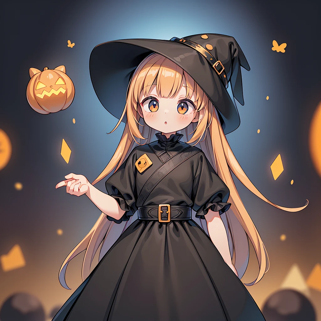 1girl,(((Perfect Anatomy、Perfect human body、Highest quality、Masterpiece、Super detailed、X Composition、S composition、Square Composition、Triangular composition、Award-winning works)))、cute、Orange and black palette、Trick or Treat、Pumpkin carriage、Big Wizard Hat、Black Cape、Black dress、Absurd、The fantastic world of Halloween、