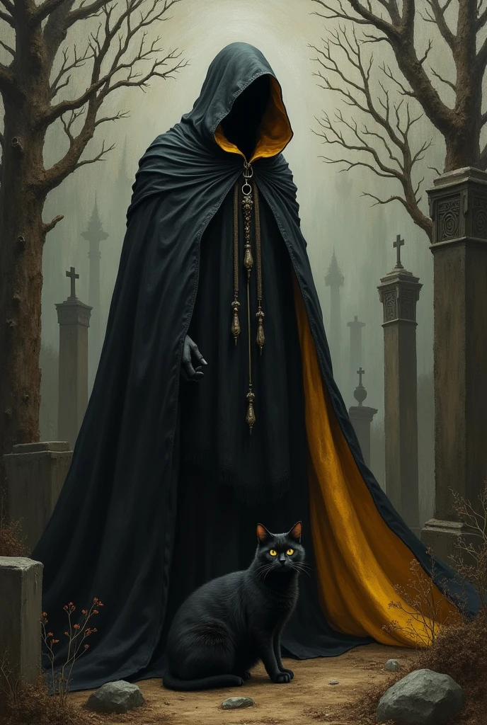 create a painting of a man with a black cape and gold interior, in a cemetery with a black cat