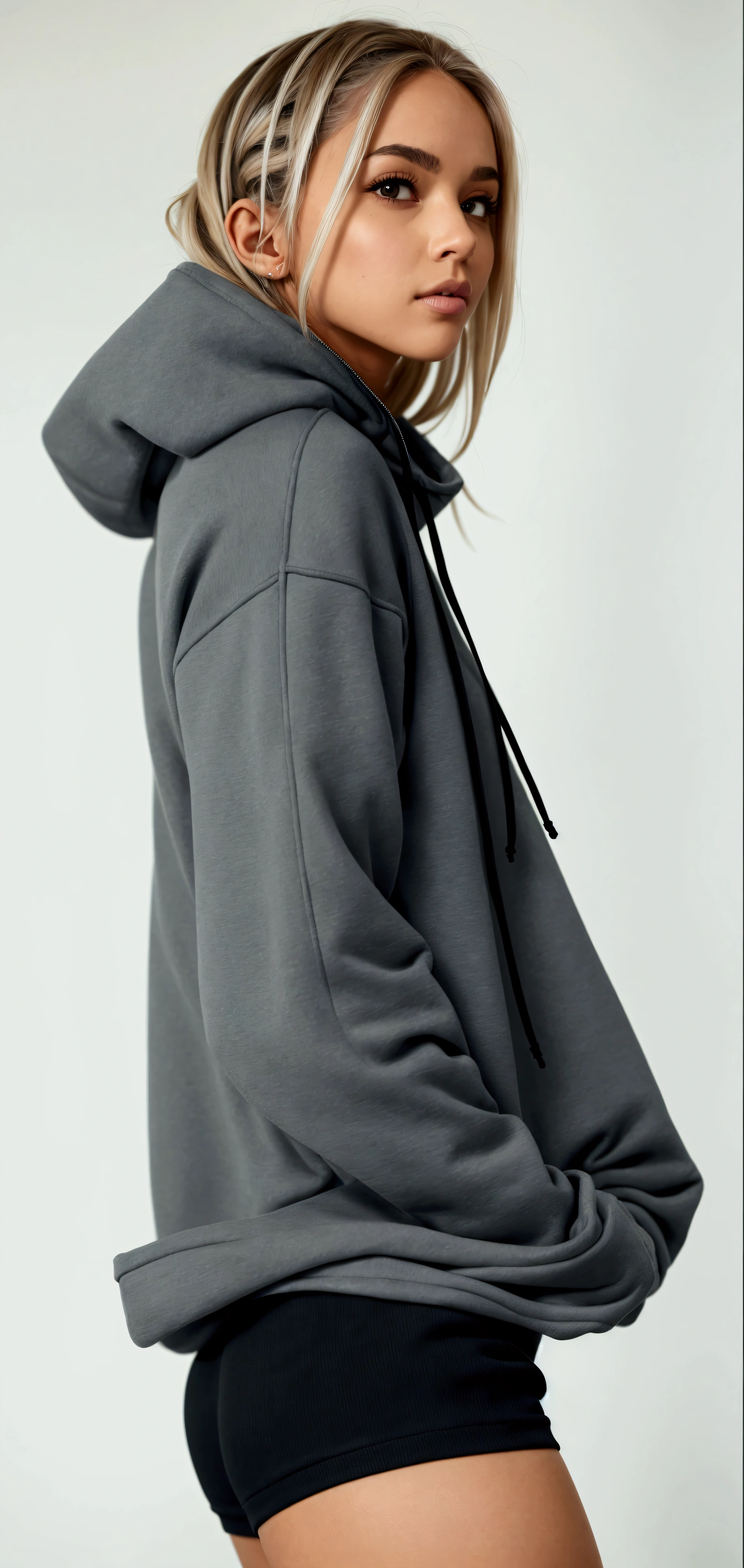 a woman in a gray hoodie and black shorts posing for a picture, girl wearing hoodie, gray hoodie, wearing hoodie, wearing an oversized hoodie, grey hoodie, oversized hoodie, in a hoodie, hodie mihi cras tibi, oversized, wearing a hoodie, hoodie, grey hoodie opened, in a black hoodie, dark grey, wearing a hoody, wearing sweatshirt