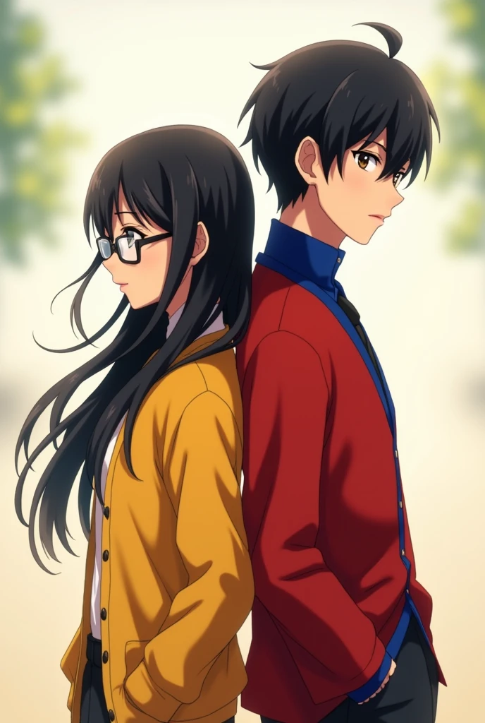 A woman with black hair and glasses wearing a yellow cardigan and a man with black hair half-up and wearing red clothes with blue collars, standing back to back in anime style