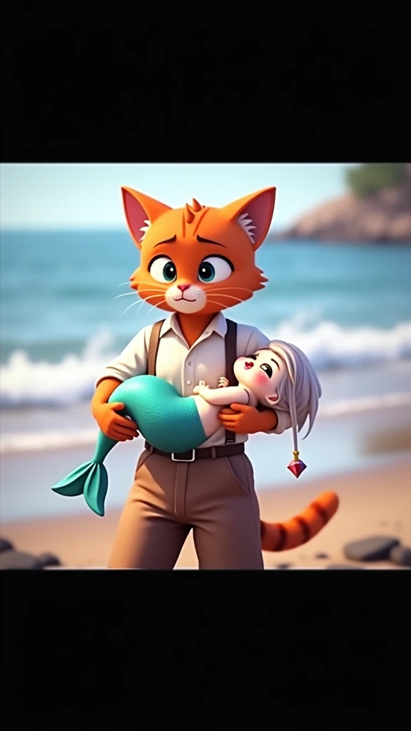 a cat dressed in a white shirt and brown pants holds a small, unconscious mermaid with a turquoise tail in his arms on a beach. The mermaid has an arrow embedded in her side, with blood visible. The ocean and shoreline are blurred in the background, creating a touching yet somber scene. The cat's expression is one of concern and sadness. cinematic style, hyperrealistic, high quality, ultra realistic, high quality portrait, Cinematic Background,