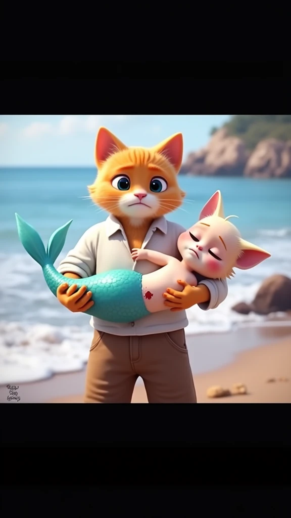 a cat dressed in a white shirt and brown pants holds a small, unconscious mermaid with a turquoise tail in his arms on a beach. The mermaid has an arrow embedded in her side, with blood visible. The ocean and shoreline are blurred in the background, creating a touching yet somber scene. The cat's expression is one of concern and sadness. cinematic style, hyperrealistic, high quality, ultra realistic, high quality portrait, Cinematic Background,