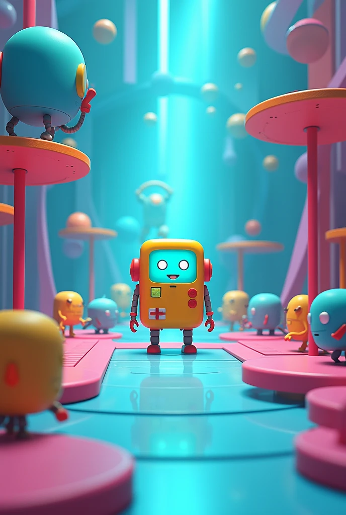 3D game screenshot, third-person camera view, stylized casual game. Main character is BMO robot from Adventure Time cartoon. Multiple similar robots running around the level. Level design resembles a test chamber. Colorful, playful atmosphere. Cartoon-style graphics, simple textures. Isometric view, ((((game UI elements visible))). Adventure Time inspired, puzzle-platformer aesthetics. Game development, 3D modeling, character design