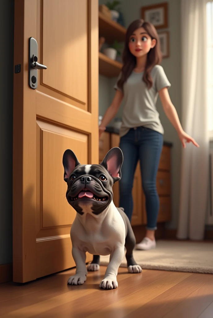 Raising a French bulldog puppy barking a lot at a closed door in an apartment. There is a woman standing at that door.