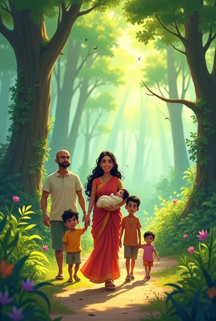 Hindu mother age of 30 with two sons elder son age is 6 & 2nd son age is 4, animation image with husband
Husband is bald head
Traveling in forest add one more son