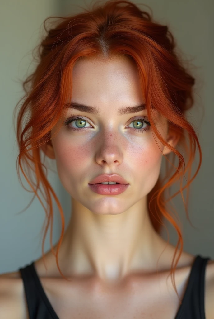 Create the round face of a beautiful redhead woman, green eyes, 28 ans, 1m68, 55kg, sportive, squared hair, without cosmetic surgery. 90C chest, waist size 38.