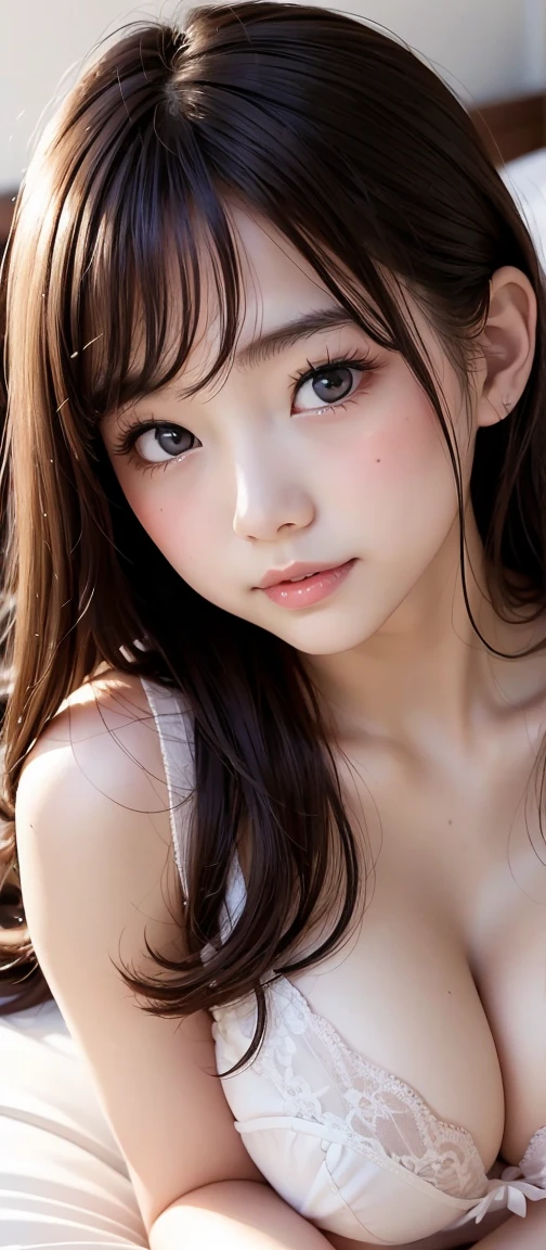  Adorable, Lying in bed,  Japanese, (Portraiture, close:1.1),Scrunchie, ( cheek,Glossy Lips:1), (sexy bra, Suggestive),   View your viewers,  ,Sweaty, (Baby Face, cute),   ( Grin:0.7), (Pale skin:1.2), , sunset,  catch_Light, chest