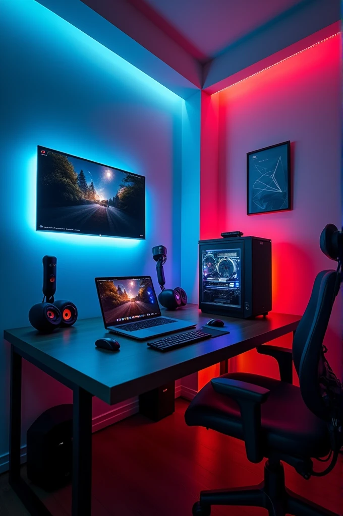 Gaming room with laptop and pc on the table with AC. And t v with blue and red lights photo of anyway on the wall speakers