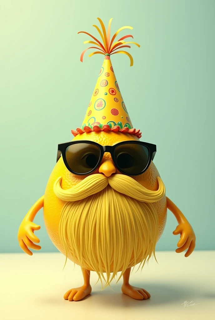 Lemon with beard wearing sunglasses and a birthday hat
