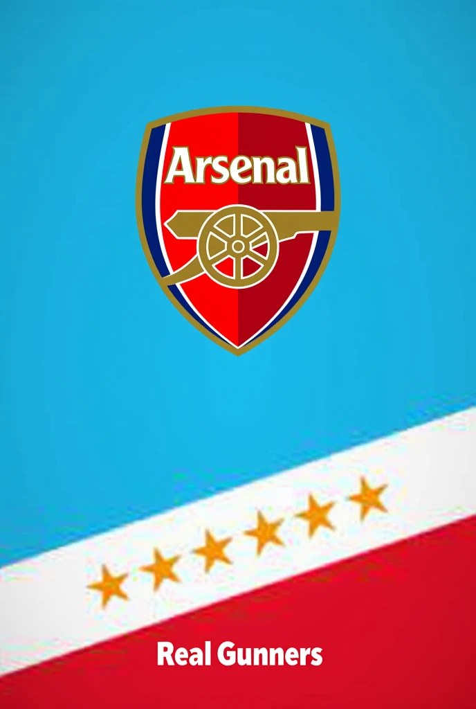 Create an image that combines the Arsenal Football Club crest with the light blue flag of Costa Rica. , white and red horizontally that says at the bottom REAL GUNNERS