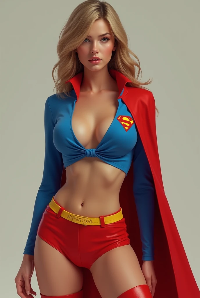 A SEXY BUSTY BLONDE TEEN FEMALE WITH BLUE EYES WEARING A 1970 SPLIT OPEN V BUTTONLESS FULL LENGTH BLUE V BLOUSE WITH A "S" EMBLEM ON THE RIGHT SIDE OF HER CHEST, A PAIR OF RED LEATHER SHORTS WITH A YELLOW SUPERMAN BELT, TALL RED HEELED BOOTS, AND A LONG FLOWING RED CAPE. PHOTO REALISTIC, HYPER DETAILED AND TEXTURED.