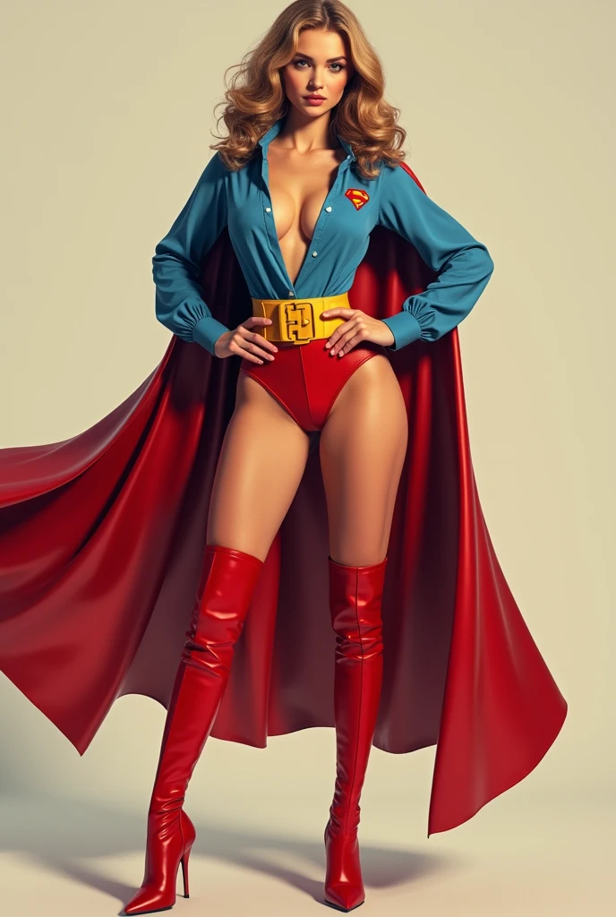 A SEXY BUSTY BLONDE TEEN FEMALE WITH BLUE EYES WEARING A 1970 SPLIT OPEN V BUTTONLESS FULL LENGTH BLUE V BLOUSE WITH A "S" EMBLEM ON THE RIGHT SIDE OF HER CHEST, A PAIR OF RED LEATHER SHORTS WITH A YELLOW LEATHER BELT, TALL RED HEELED BOOTS, AND A LONG RED CAPE. PHOTO REALISTIC, HYPER DETAILED AND TEXTURED