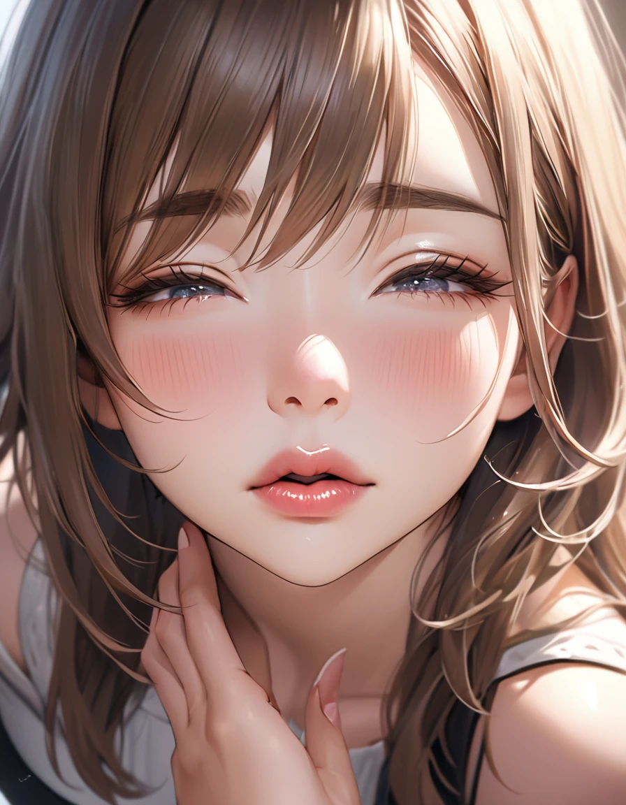 The face of a beautiful girl approaches the viewer, (to kiss), alone, Perfect and attractive face, Mouth trying to kiss, close your eyes, Put your chin forward, Expectations, Shyness, joy, blush, Realistic and attractive nose, Delicate and elegant eyelashes, Fine and thin eyebrows, Natural Makeup, Delicate and perfect brushwork, young and lively々Fresh Skin, break: Showing affection to the audience, Expectations, Shyness, joy, blush, I close my eyes in fear, Put your chin forward, Lips asking for a kiss, Detailed and realistic skin texture, Cute and sexy gestures that will charm you, ((Facing the audience)), View your viewers, Jaw sticking out, Please lower your eyelids, Detailed and engaging, Seduce you, break ((Gently closed eyelids)), The approaching lips, break (close your eyes, Lips asking for a kiss, Approaching Face, Chin forward), (look up:1.3), ((Facing you)), break Face up and look up, Mouth closed for a kiss, (close your eyes:1.3), Expectations, Shyness, joy, blush, Realistic and captivating depictions, First-person view of the viewer, The kiss, (Close-up of face seen from above:1.2).nsfw