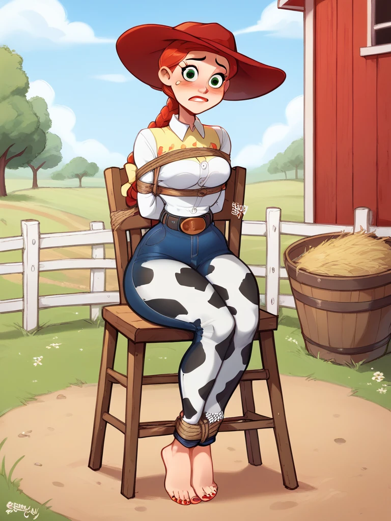 score_9, score_8_up, score_7_up, score_6_up, JessieXLP , cameltoe, nervous, hat, red hair, braid, bow, belt, animal print, cow print,jeans  pants, medium breasts, narrow waist, wide hips, thick thighs, looking at viewer, cartoon, cute, wide shot, solo, farm, disney,5 toes, red toe nails, tied ankles together, tied arms, Focus full body, Sit on a chair, with no shoes 
 blushyspicy,