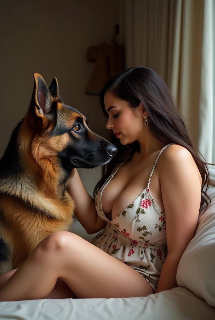 Naked Asian woman in sex scene with a white dog