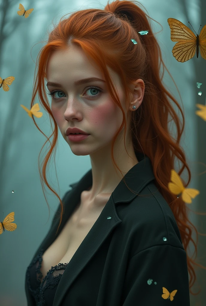 (solo, full body photo:1.3), (action packed:1.3), (haze, fog, mist:1.3), chiaroscuro, best quality, photorealistic, 1woman naked, (cute), (24yo:1.2), redhead, long ginger hair highly detailed, 1700'S, digital photography, art by artgerm and ruan jia and greg rutkowski surreal painting gold butterfly filigree, broken glass, (masterpiece, sidelighting, finely detailed Fashionable eyes: 1.2) (perfect oval large eyes that gazes at the viewer), beautiful detailed face, blue gorgeous perfect eyes, (blonde hair ponytail), (attractive young woman:1.3), (thick amazing hair), (seductive:1.1), (blushing:1.1)