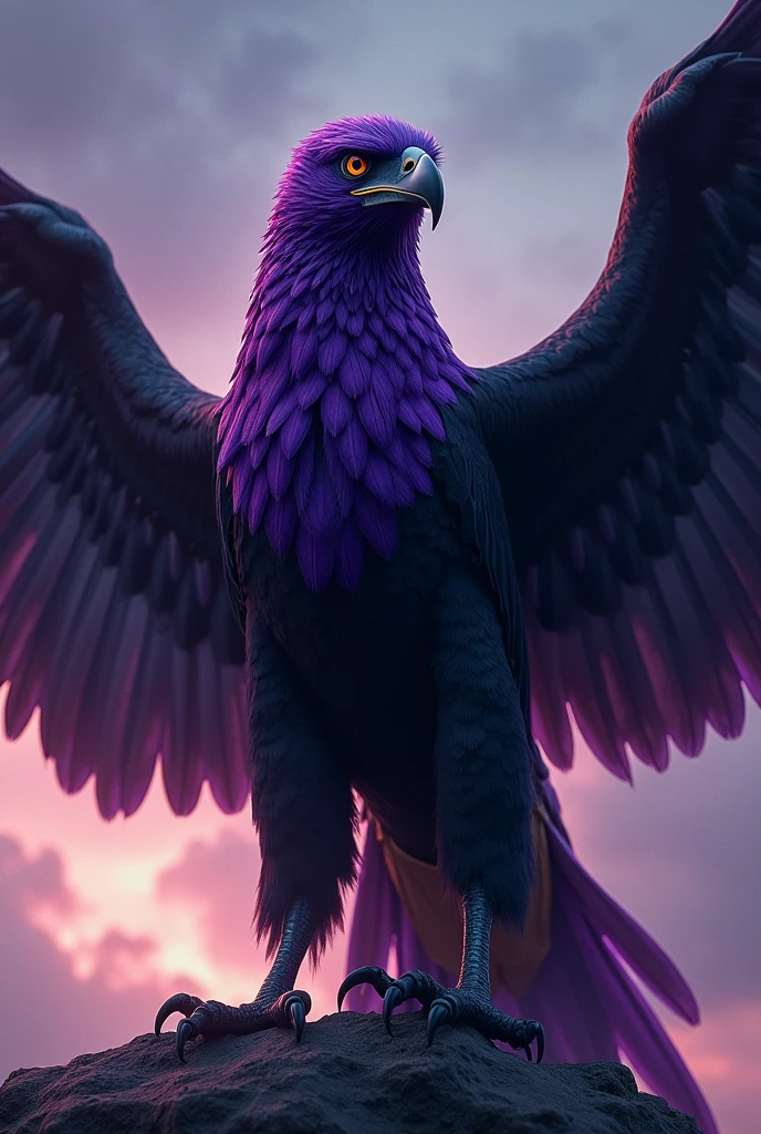 Create an image of a warrior eagle with black and purple plumage. The eagle must be in a majestic and imposing pose, with wings partially open and claws ready to strike, conveying a sense of power and determination.

The background of the image should be a contrast that highlights the colors of the eagle.. It can be a dramatic sky at dawn or dusk, with dark tones and clouds that accentuate the brightness of the eagle&#39;s black and purple plumage. Lighting should focus on the eagle, highlighting its details and vibrant colors, while the background is more subtle, but complements the eagle&#39;s dominant presence.