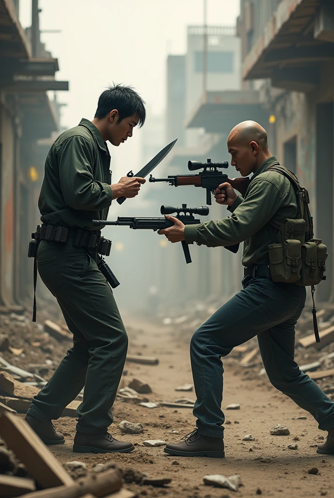 Knife of an armed Japanese man exchanging fire with a teenager at a construction site, They are in a Sniper conflict, The Bald Teenager, They are fighting each other. Make them kill themselves