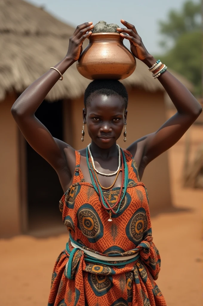 Generate a full portrait image of an African igbo lady of 25year old light in complexion and very beautiful standing infront of a village hut dressed in Igbo attire and with a pot of water on her head