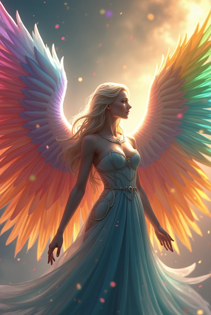 celestial angel, (((Has six wings:1.8)))、6 colorfulwings、Colorful and multicolored feathers、rainbow gradient feathers、Bright and clear eyes, strange, Elegant、powerful, Very bright color, Particles of light, In bright light, Musif, Long Hair, Shining Armor, Wallpaper Art, UHD wallpaper