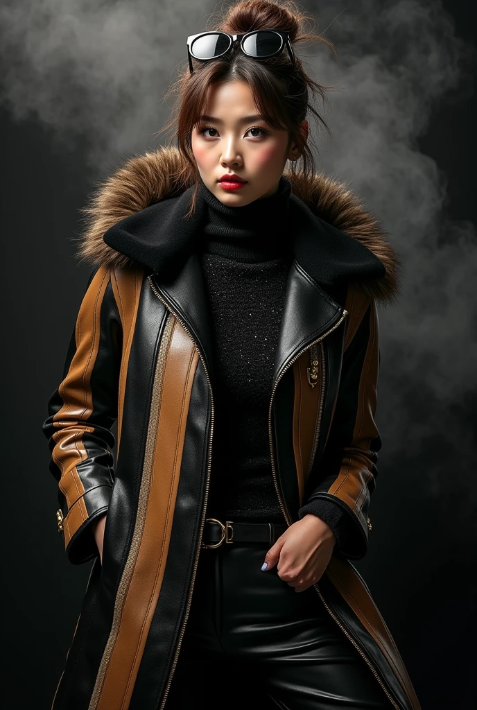 beautiful tanned japanese woman,wearing a very large tight leather vertical black and gold stripe coat with gucci design lines and black sequin fabric turtle neck top tucked inside latex pants, gold zipper, thick eyebrows, photorealistic, masterpiece, moncler, fluffy fur hood, , messy bun highlighted brown hair, open coat, gucci sunglasses with gold on her head, lips pouting, pouts, void black background with smokes and nice lighting