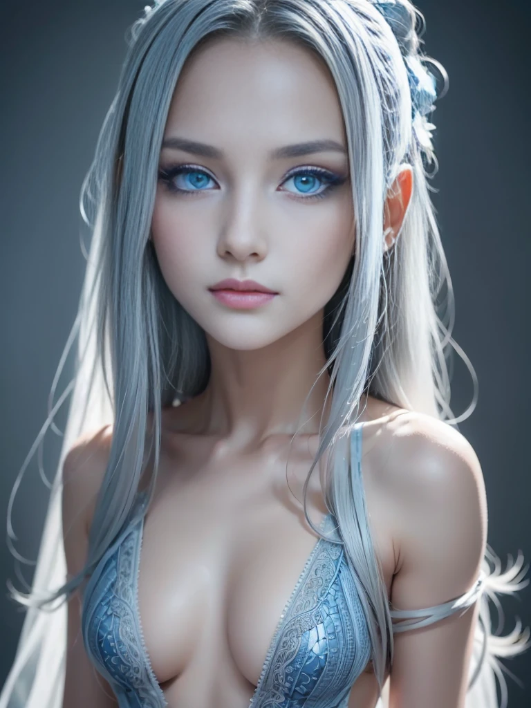 8k, (full body shot:1.2), 20-year-old swedish girl, raw, Beautiful woman, (straight gray hair), (intricate, sheer, transparent, translucent,(no clothes:1.2)), intricate, beautifull face, elegant, highly detailed, digital hyperrealistic photography, hyperrealistic photography filigree, shyness, most beautyfull face, (masterpiece, sidelighting, (finely detailed beautifull blue eyes: 1.2)),