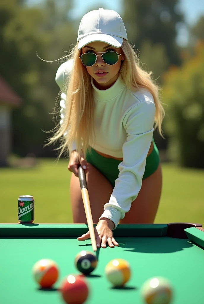 (photorealism:1.2), blonde woman with a white cap on her head and sunglasses, full lips with gloos, gym body, toned, wearing a white collared pullover and a short green lycra butt lifter, white sports sneakers, playing on a table billiards, the table is on a green lawn, sunny day, green can beer on the table, realistic details of person