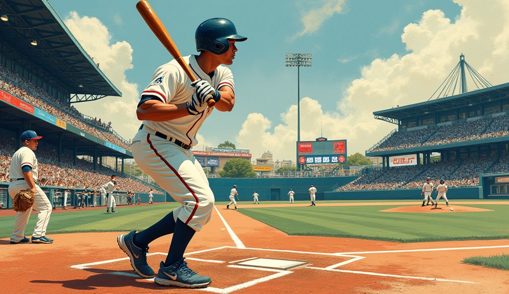 Painting of a baseball player holding a bat during a baseball game, Inspired by Kinichiro Ishikawa, jc leyendecker and sachin teng, Rob Rey and Kentaro Miura style, Huang Shen, by Liang Kai, Sachten's Style, by Cui Zizhong, Zhou Fang, Shen Quan,There are 9 baseball players.
