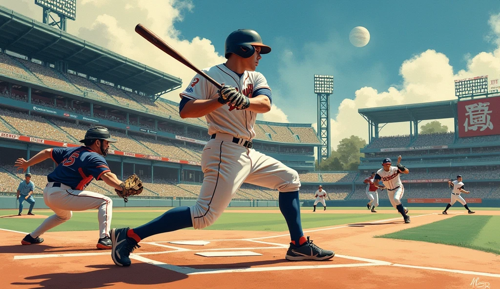 Painting of a baseball player holding a bat during a baseball game, Inspired by Kinichiro Ishikawa, jc leyendecker and sachin teng, Rob Rey and Kentaro Miura style, Huang Shen, by Liang Kai, Sachten's Style, by Cui Zizhong, Zhou Fang, Shen Quan,There are 9 baseball players.