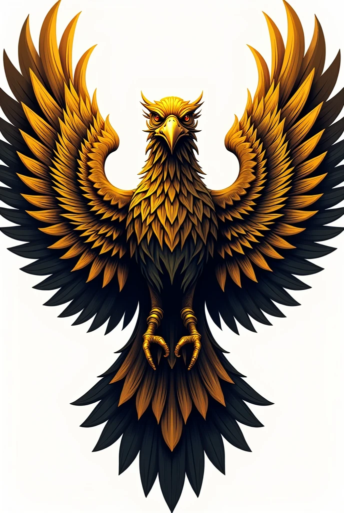 The logo of a golden bird with its wings spread out and its entire body facing the center front and not too many wings., without background, vector art with thick black line art on every part of the body , terinspirasi oleh Victor Noble Rainbird, artstation, clash of clans style, trending on dribbble mascot.featuring, crow, fierce expression 4k, in the quetzecoatl art style, a face in need of a fist, uncompressed png, totem, united, symbol of wisdom, full body