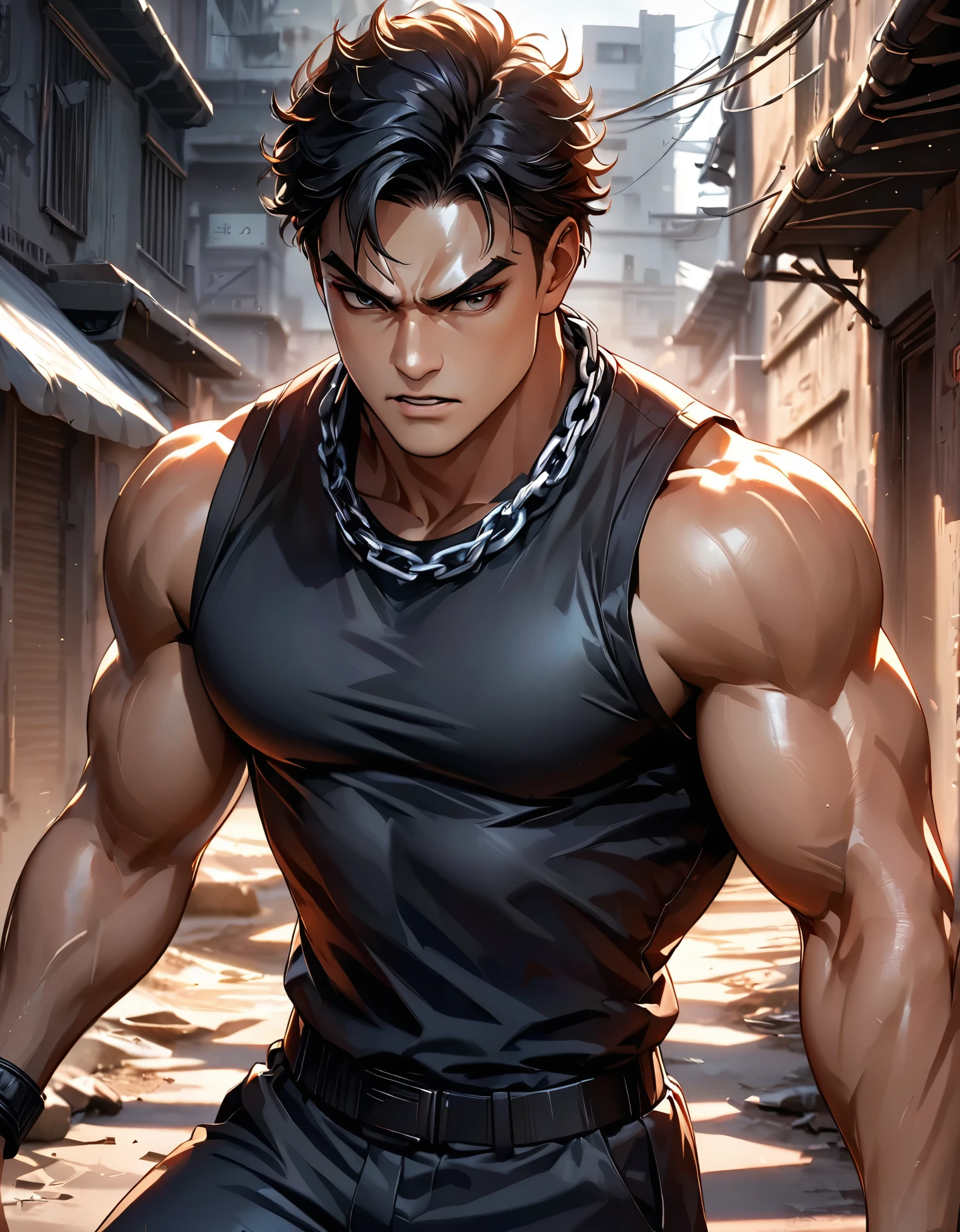 Strong man, muscular male wrestler, ((Chain around neck:1.2)), Dramatic lighting, Chiaroscuro, Rough, Cinematic, (Super detailed), Dark moody colors, Dramatic Shadows, Powerful, strong, Intimidating, Aggressive,. Intimidating, Authoritative, ((Intense combat action:1.2, Fighting Pose)), Slum Street, Slum Background, (Highest quality:1.2, Very detailed, up to date, Vibrant, Ultra-high resolution, masterpiece:1.2, Best aesthetics),