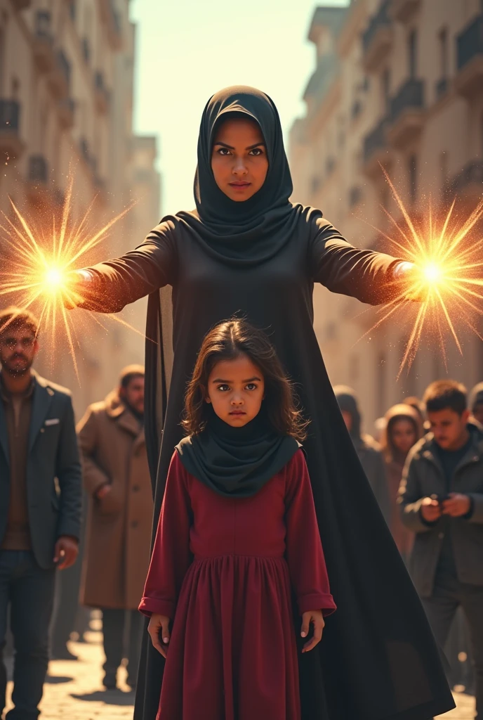 Hijab superhero protecting her daughter from strangers
